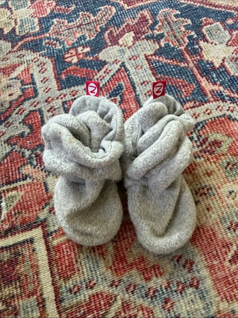 Zutano Light Gray Plush Baby Booties with Red Logo Tab